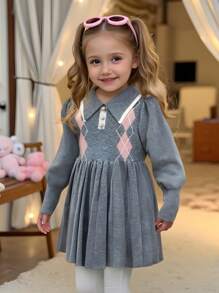 年轻女孩宽松休闲领几何图案褶皱长袖毛衣连衣裙