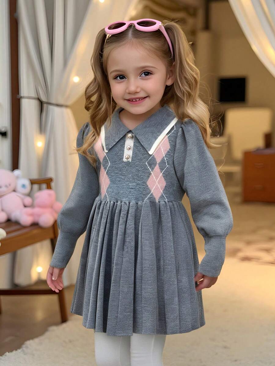 年轻女孩宽松休闲领几何图案褶皱长袖毛衣连衣裙