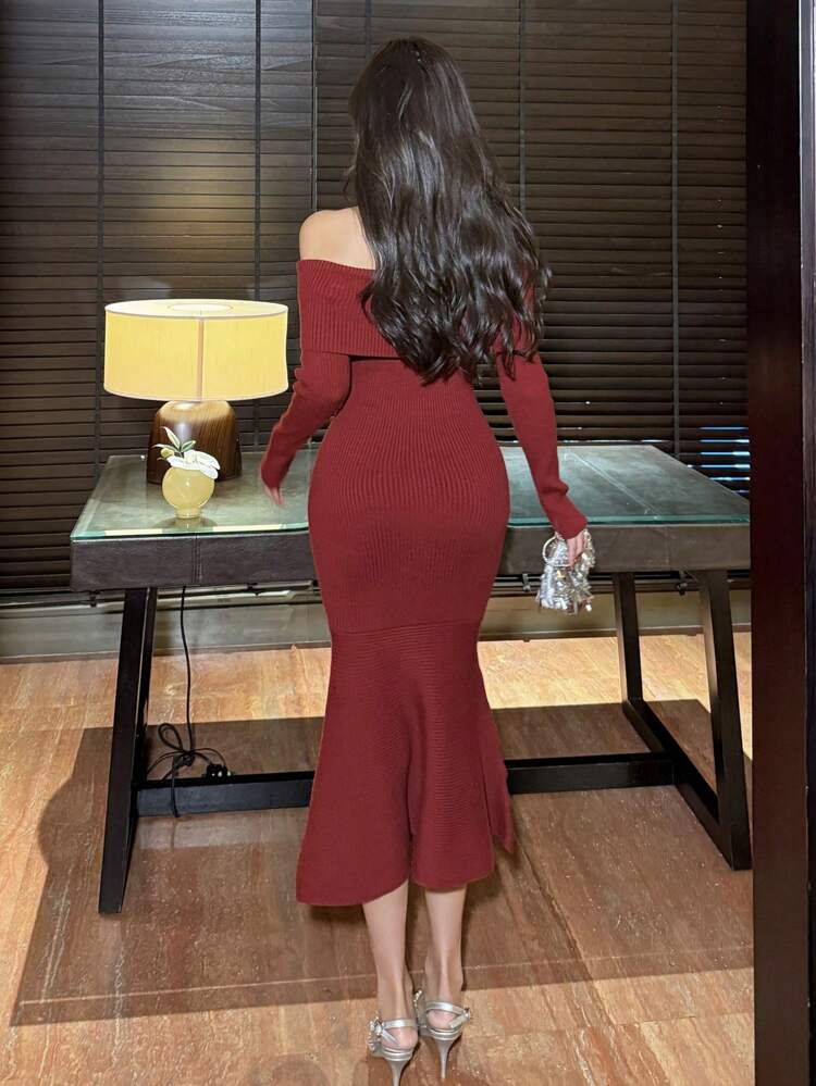 Valentine's Day Solid Color Off Shoulder Knitted Dress For Women,Fall Clothes Women Sweater Dresses Red Women Dresses Prom Dress Christmas