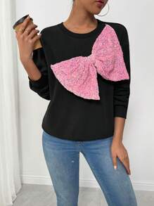 Chiquease Women's 2024 New Arrival Sequins Bowknot Design Casual Long Sleeve Sweatshirt Pullover Fall