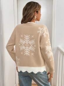 SHEIN Frenchy 女士圣诞撞色雪花图案长袖保暖拉绒针织毛衣，秋冬季，波浪形滚边撞色下摆，感恩节、圣诞节毛衣，家庭装，休闲服饰 - 杏色 - 查看 2