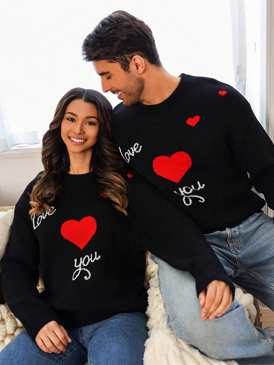 Manfinity Homme 1 件男士休闲情侣装字母和心形图案圆领长袖休闲针织毛衣，秋冬 - 黑色 - 查看 1