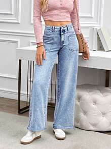 SHEIN LUNE Women's Casual Loose Straight Leg Washed Denim Jeans - Blue - View 7