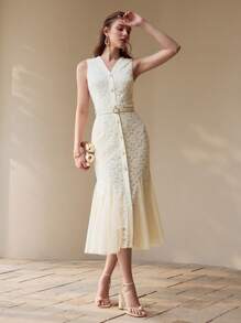 MOTF PREMIUM 蕾丝对比网眼美人鱼下摆连衣裙 - 白色 - 查看 5