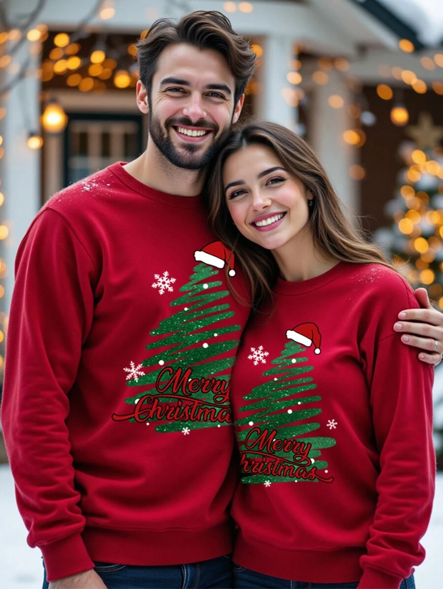 Manfinity Homme Oversized Retro Red Loose Drop Shoulder Crew Neck Pullover Christmas Sweatshirt, Suitable For Couples Party - Red - View 1