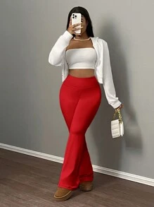 Slaydiva 女士瑜伽裤、高腰弹力紧身裤、塑身健身裤 - 紅色 - 查看 4