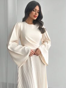 Firerie New Year Valentine's Day Women's Solid Color Round Neck Flare Sleeve Pleated Asymmetric Hem Elegant Dress