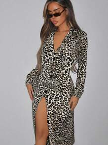 SHEIN ICON 1pc Holiday Outfits Women Y2k Office Siren Outfit Sexy Leopard Print Button Front Fitted Long Sleeve Dress, For Daily Wear - Multicolor - View 1