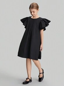 Ontre 简约建筑荷叶边袖 A 字裙，黑色，适合少女的极简主义设计，适合外出、上学、聚会、春夏季 - 黑色 - 查看 2