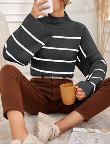 EURMUSE Women's Casual Color Block Striped Stand Collar Bell Sleeve Sweater, Autumn/Winter - Dark Grey - View 3