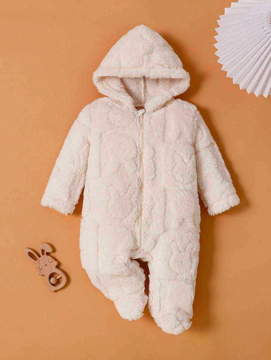 SHEIN 女婴粉色纯色毛绒连帽长袖连体衣睡衣