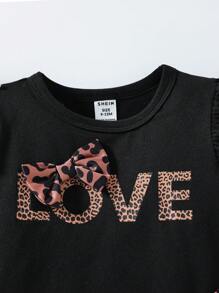 SHEIN 2pcs Baby Girl Letter Print Short Sleeve Top And Leopard Flare Pants Set - Brown - View 3
