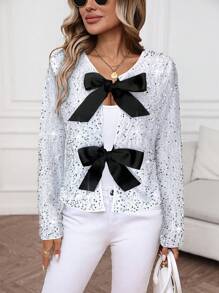 SHEIN LUNE 2024 Autumn Winter New MIU Style Sequin Bow Sweet Jacket Outerwear For Women Party Outfits For Women