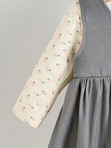 SHEIN Baby Girl Tulip & Floral Digital Print Comfortable Long Sleeve Top And Sleeveless Button Front Dress Set, Cozy & Warm Cute Outfit For Outdoor - Multicolor - View 5