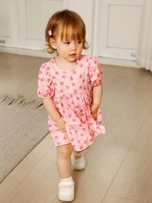 女婴/幼儿可爱情人节心形印花泡泡袖圆领 A 字裙，适合春季户外玩耍、拍照或日常休闲穿着，可爱又时尚 - 粉色 - 查看 7