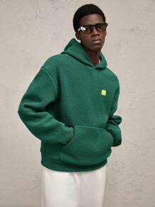 AKNOTIC Business Casual Men's Knitted Fuzzy Relaxed Fit Drop Shoulder Casual Pullover Sweatshirt Sweatshirt, Green With Contrast Color Letter Graphic, For Fall Winter - Dark Green - View 4