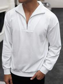 Manfinity Homme Men's Daily Versatile INS Half-Zip Stand-Up Collar High-Quality White Long-Sleeve Golf Polo Shirt. Quarter Zip ,Fall And Winter Men Polo Shirt