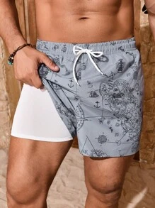 Manfinity Swimmode Men's Beach Shorts Drawstring Waist Front Tie Pocket Allover Print Beach Vacation Hawaiian, Men S Beachwear, Men Vacation Beachwear, Grey Swim Trunks, Men Floral Swim Trunks, Men Swim Trunk Matching - Grey - View 4