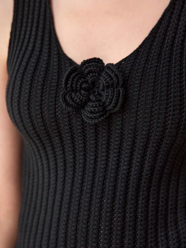 STEREO FLORAL RIBBED KNIT TOP,SPRING/SUMMER