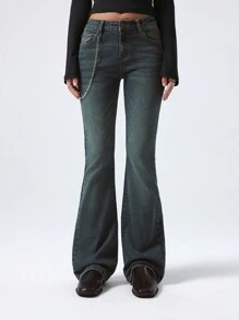 LYSMO 女式口袋喇叭休闲百搭牛仔裤 - 橄欖綠 - 查看 1