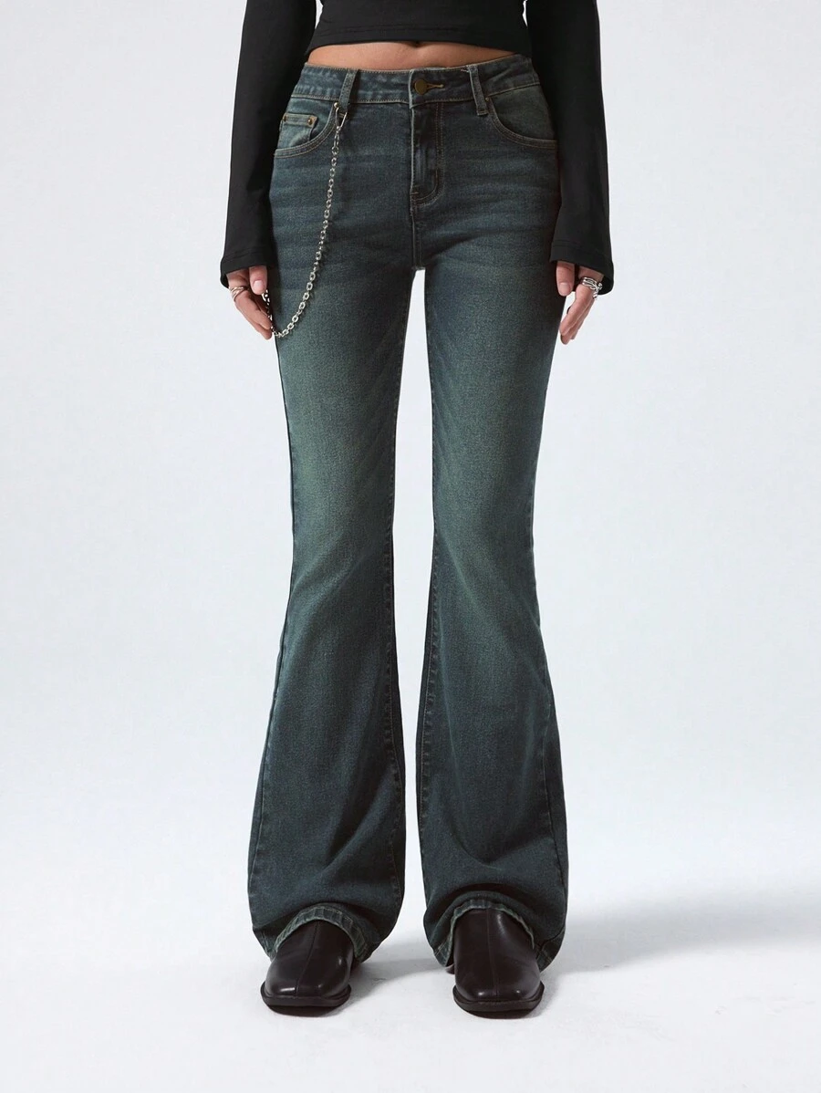 LYSMO 女式口袋喇叭休闲百搭牛仔裤 - 橄欖綠 - 查看 1