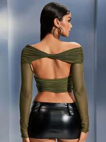 SHEIN SXY New Year Casual Army Green Off-Shoulder Long Sleeve Mesh Splicing Hollowed-Out Pleated Strap Top - Army Green - View 2