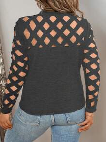 Celure 大码时尚激光烧花镂空长袖 T 恤 - 深灰色 - 查看 2