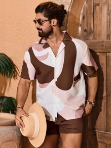 Manfinity VDAYZ Men's Geometric Print Short Sleeve Single-Breasted Shirt And Shorts Casual Beach Outfit,Hawaiian, Men Beach Wear Set, Men Bahama Outfit, Europe Summer Outfits For Men Set, Men Bathing Suit Set