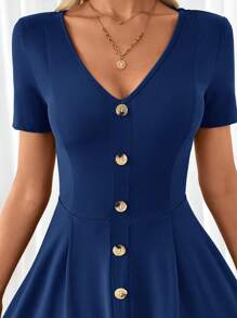 SHEIN Clasi 女士优雅 V 领短袖绿色 A 字连衣裙 - 藏蓝色 - 查看 6