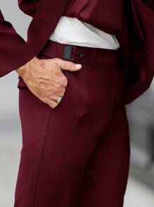 Calvornis 男士纯色前扣开合长袖口袋简约上衣和长裤西装套装 - 酒紅色 - 查看 3