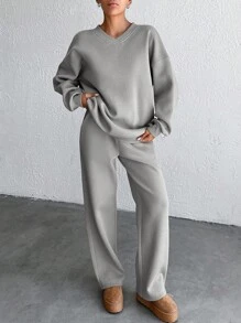 EURMUSE Solid Color Oversized Drop Shoulder Sweatshirt & Sweatpants Set - Grey - View 4