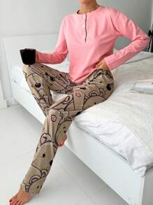 RueChic 2pcs Viscose Placket Detail Shirt And Bear Patterned Sleep Bottom Pj Set - Pink - View 4