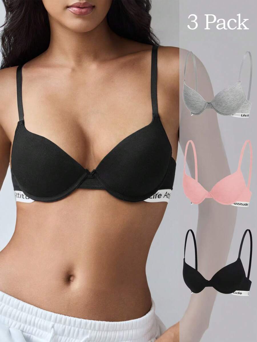 3pcs Set Minimalist Letter Jacquard Sports Bra With Underwire - Multicolor - View 1