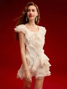 MOTF PREMIUM LAYERED RUFFLE TRIM DRESS,VALENTINE'S DAY OUTFIT,SPRING/SUMMER - Apricot - View 7