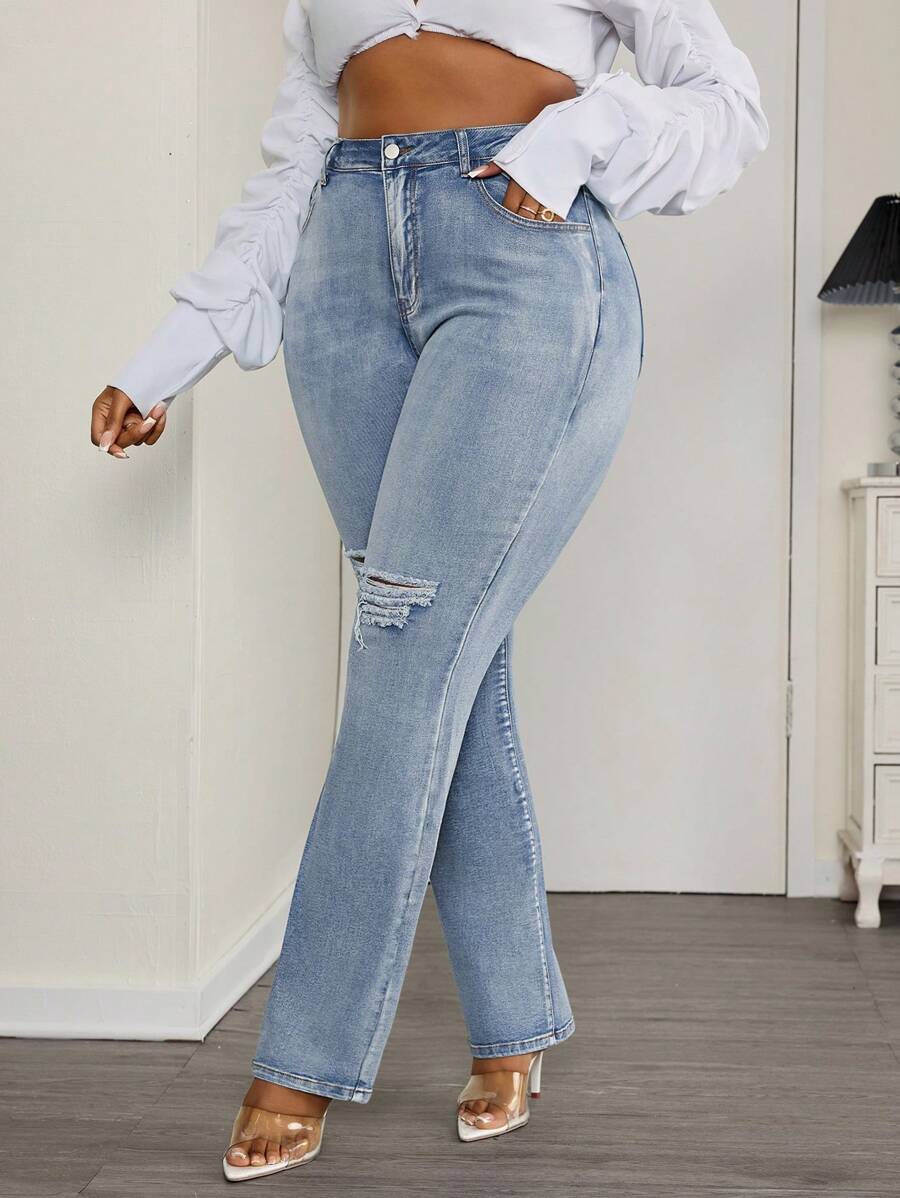 SHEIN SXY 大码女式弹力破洞喇叭牛仔裤