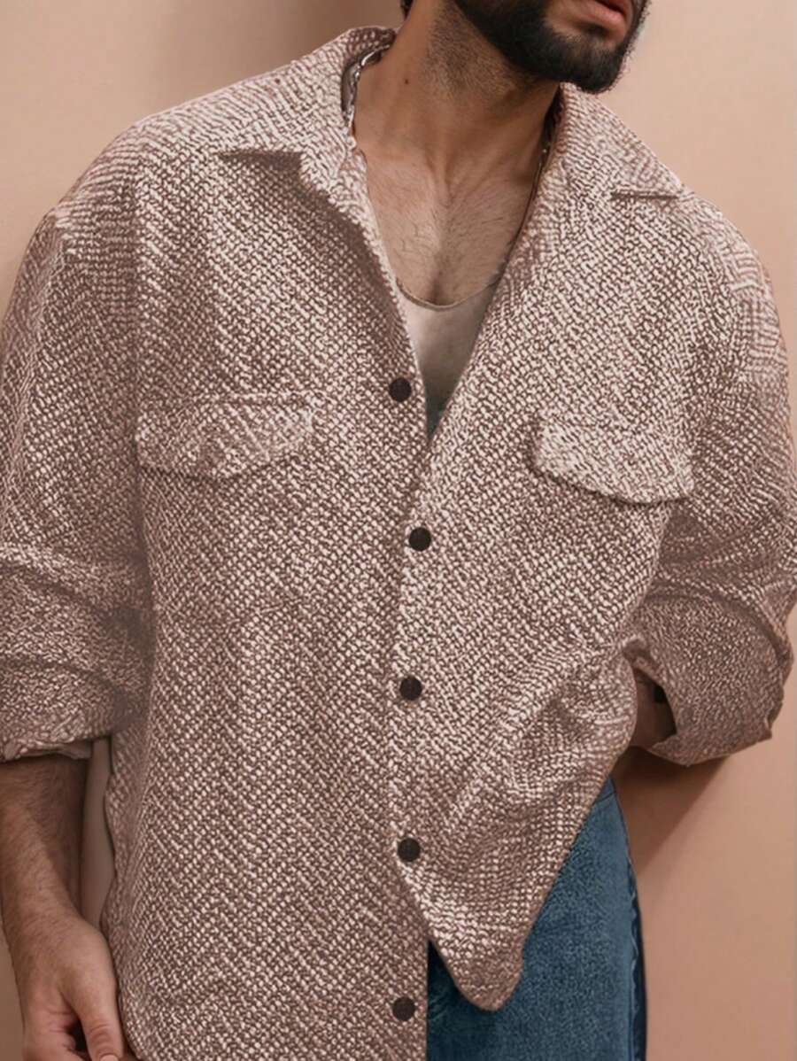 Manfinity Homme Men's Solid Color Pocketed Front Button Casual Long Sleeve Shacket - Coffee Brown - View 1