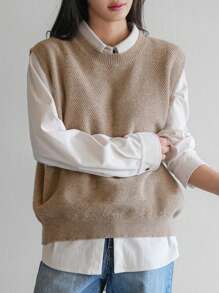 Dazy-Less Loose Solid Color Versatile Women Knitted Vest,Fall Clothes Business Casual Woman Work Clothes - Khaki - View 5