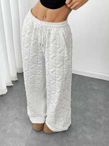 SHEIN Unity Basic Textured Jacquard Elastic Waist Sweatpants, Autumn/Winter Fall Cloth For Women - White - View 3