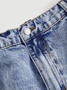 SHEIN MOD 大码女式休闲宽松喇叭腿牛仔裤、万圣节裤子、返校节、圣诞节女式牛仔裤、秋装 - 淺色水洗藍 - 查看 4