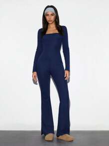 SHEIN Unity 1 件女士海军蓝简约休闲百搭方领长袖喇叭腿和腰部设计连体裤，秋冬 - 藏蓝色 - 查看 5