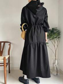 FRIFUL Women's Casual Solid Color Drawstring Waist Hooded Long Dress For Autumn,Fall Women Clothes Long Sleeve Dress - Black - View 5
