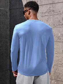 Manfinity Homme Men's Solid Color Round Neck Long Sleeve Casual Top, Daily Wear Tee, For Fall - Baby Blue - View 2