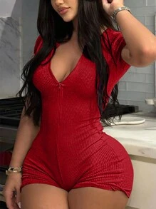 Bộ đồ liền thân bó sát tay ngắn khóa kéo phía trước màu trơn cho nữ - Đỏ - Xem 4