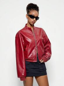 SHEIN EZwear 女士日常穿着约会之夜音乐节赛车手皮革拉链长袖勃艮第飞行员夹克，新年/情人节 - 酒紅色 - 查看 5