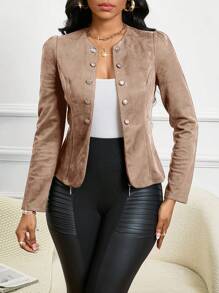 SHEIN Lady Four Season/ Attire/ Suede Black Button Detail Open Front Jacket In Fall/Winter - Khaki - View 7