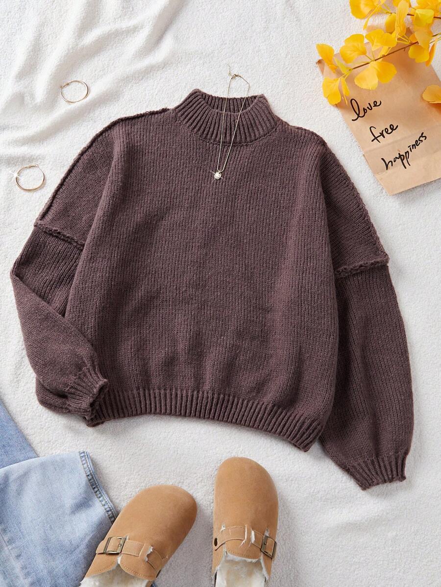 INAWLY 立领落肩纯色休闲毛衣，适合秋冬季针织套头衫 - 棕色 - 查看 1