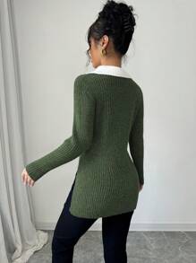 Elenzga Color Block 2 In 1 Long Sleeve Sweater For Women Knit Pullover Fall Winter Sweater - Army Green - View 2