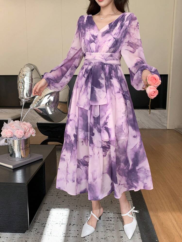 V-Neck Mid-Length Floral Print Puff Sleeve Dress For Women,Fall Dress Long Sleeve Dress Easter Maxi Dress