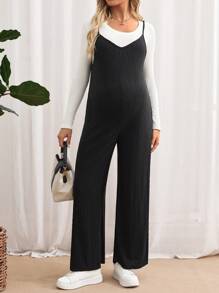 SHEIN Maternity Solid Color Ribbed Wide Leg Loose Casual Jumpsuit