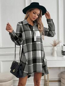 SHEIN Clasi 女式有领半襟格子图案卡其色法兰绒中长连衣裙，秋冬款 - 黑與白 - 查看 3